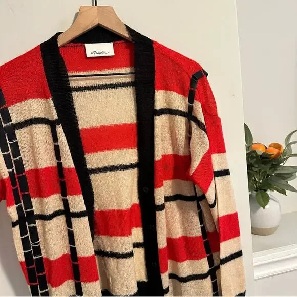 3.1 Phillip Lim Red Black Ribbon Mohair Cardigan Sweater Medium